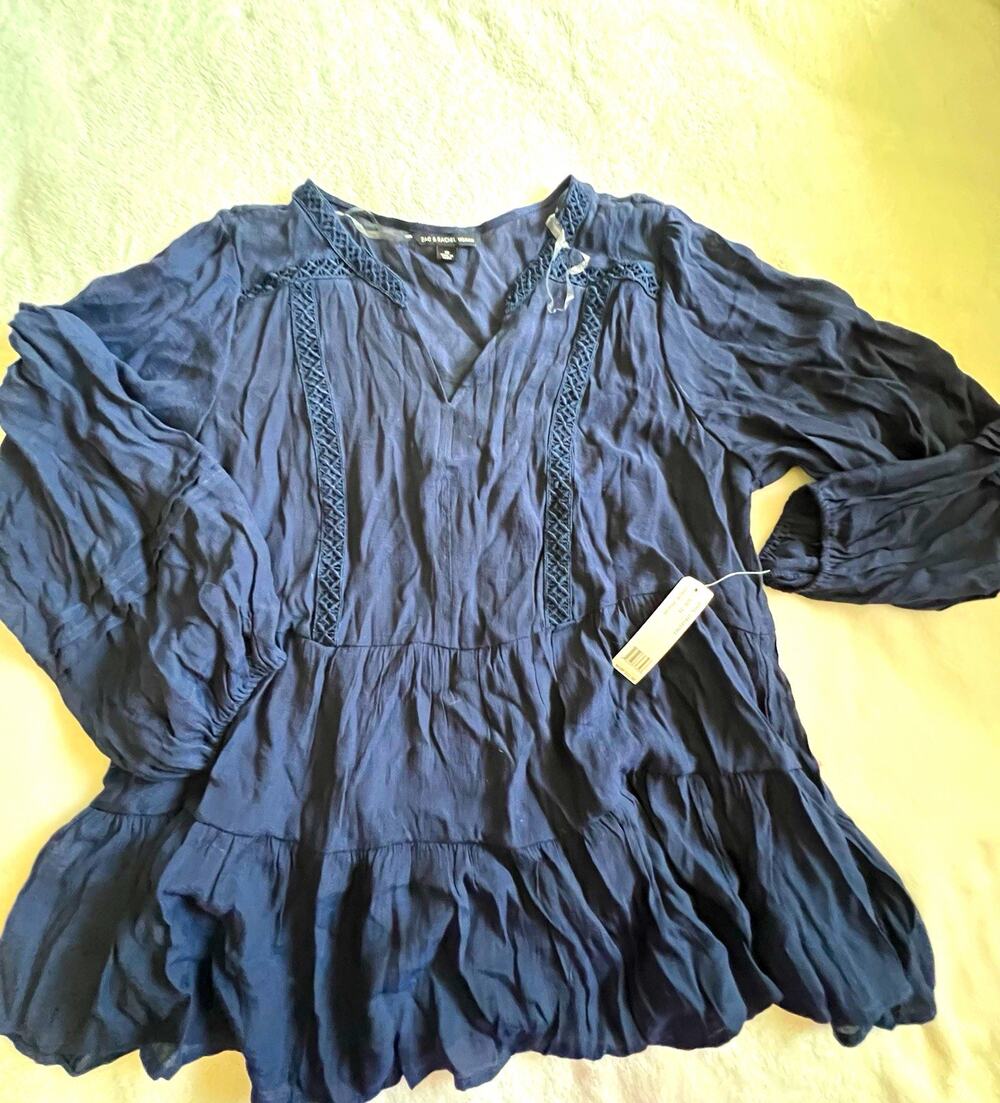 Zac & Rachel Women’s Blue Solid V-Neck Peasant Crochet Ruffle Blouse 1X new